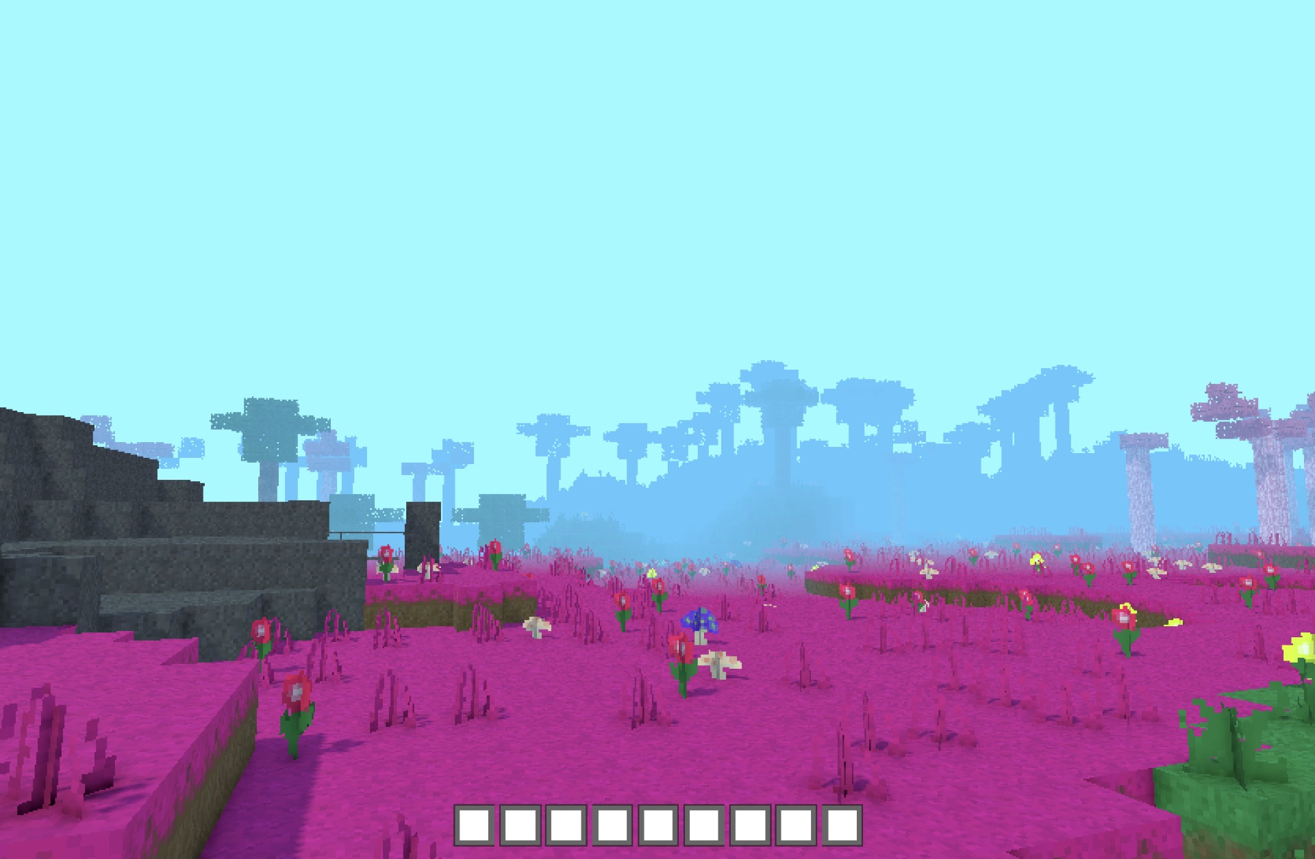 Bosque rosa de la primera versión, con hotbar vacía y niebla al fondo