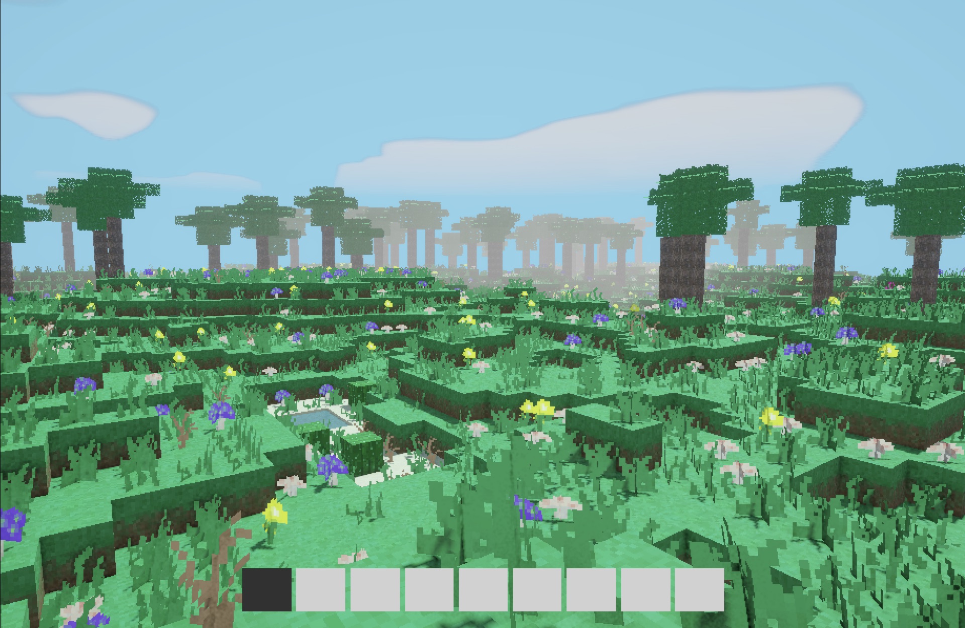 Campo de flores voxel con árboles al fondo y hotbar inferior