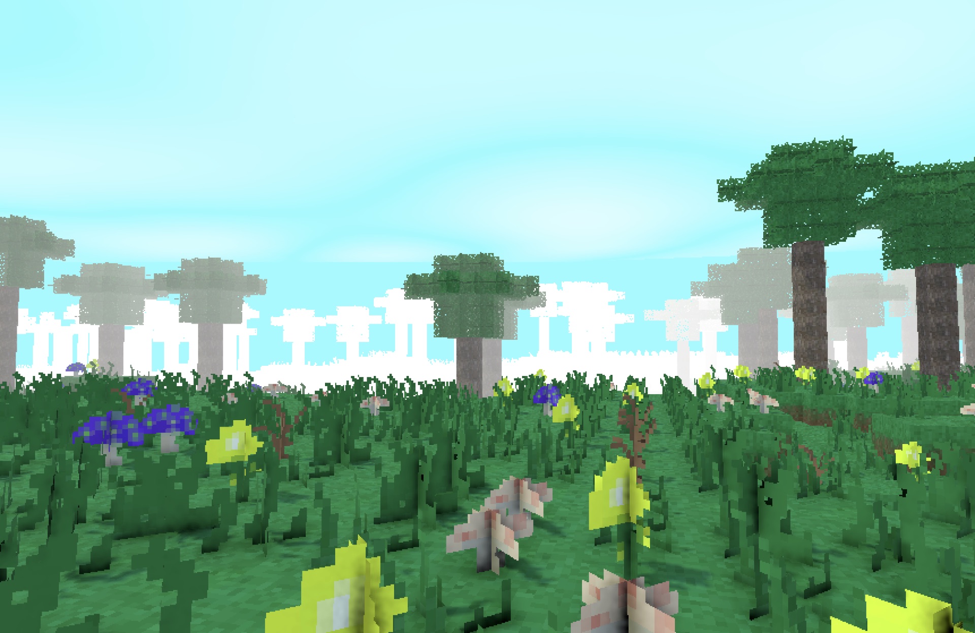 Pradera voxel con flores, setas y mar de nubes al fondo