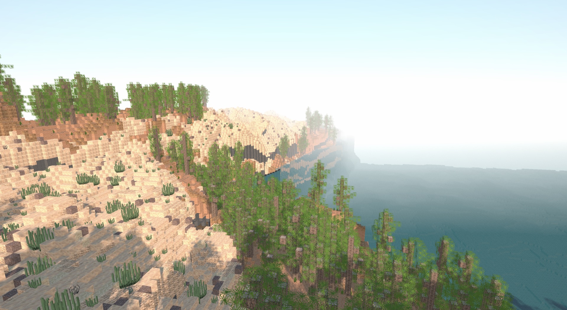 Costa voxel con pinares, pendiente de arena y océano hacia el horizonte